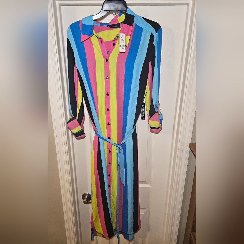 New York & Company Vibrant Multicolor Long Sleeve Dress